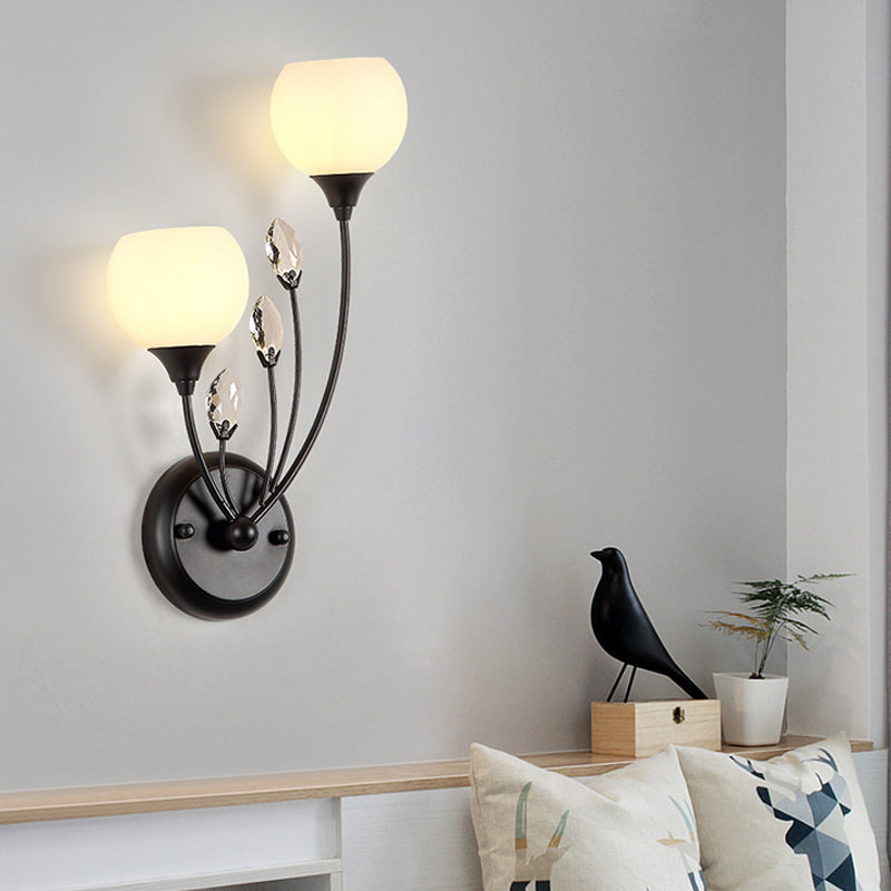 Black 1/2-Bulb Armed Wall Sconce Light Simplicity Frosted White Glass Bowl Wall Mount Lamp 2.0 Black Clearhalo 'Modern wall lights' 'Modern' 'Wall Lamps & Sconces' 'Wall Lights' Lighting' 1899816