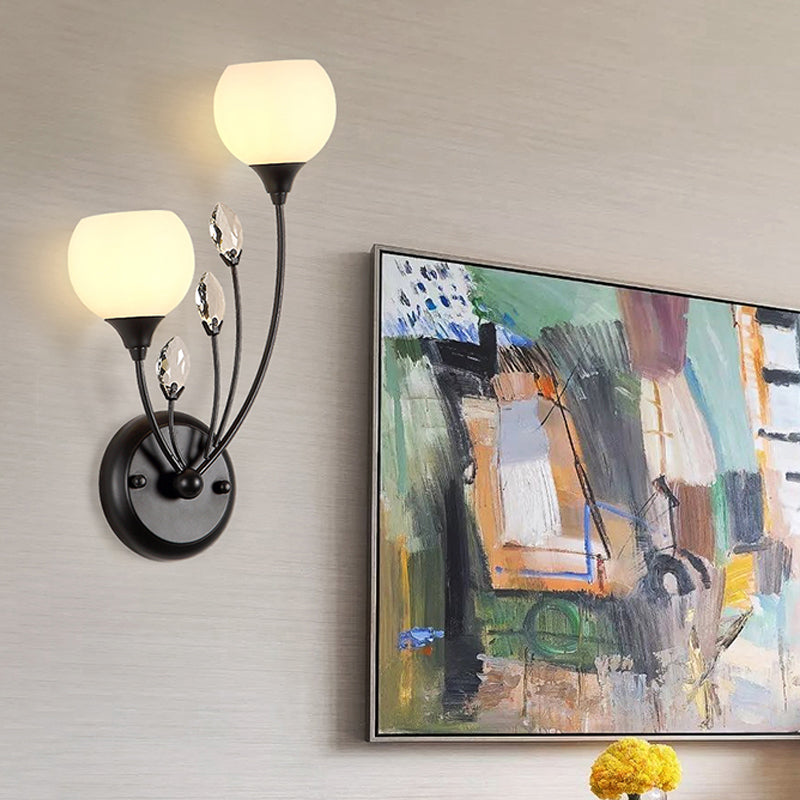 Black 1/2-Bulb Armed Wall Sconce Light Simplicity Frosted White Glass Bowl Wall Mount Lamp Clearhalo 'Modern wall lights' 'Modern' 'Wall Lamps & Sconces' 'Wall Lights' Lighting' 1899818