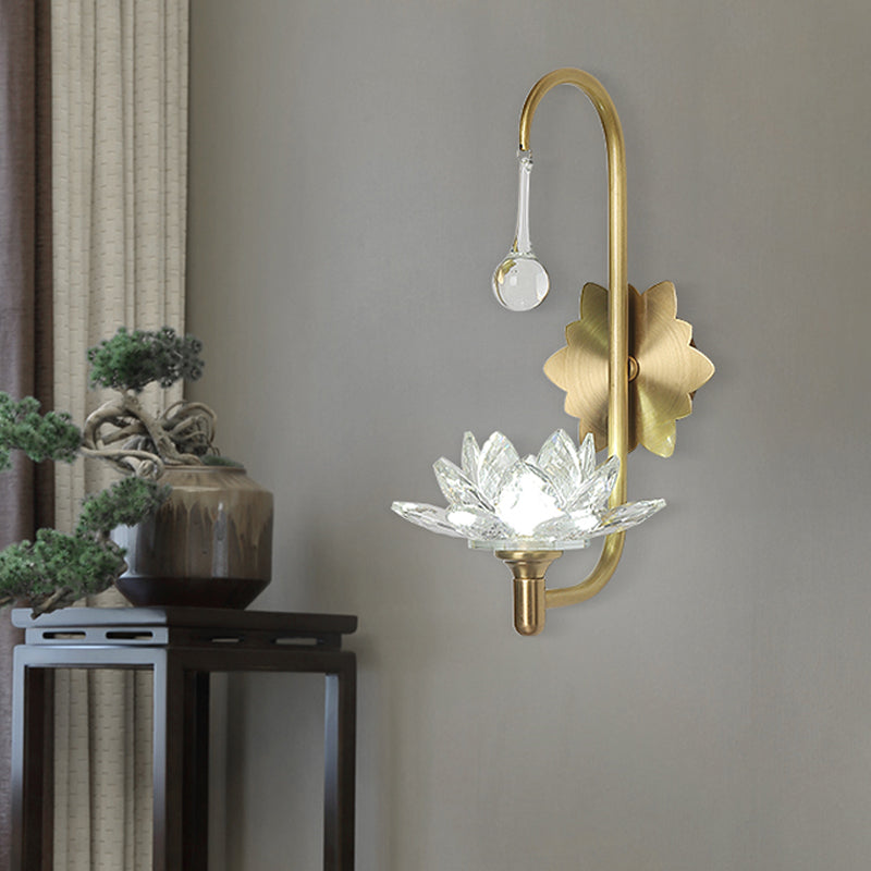 Lotus Living Room Wall Sconce Luxurious Clear Crystal 1 Head Brass Wall Lamp with Gooseneck Arm Brass Clearhalo 'Modern wall lights' 'Modern' 'Wall Lamps & Sconces' 'Wall Lights' Lighting' 1899886