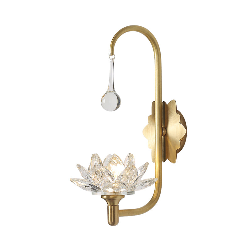 Lotus Living Room Wall Sconce Luxurious Clear Crystal 1 Head Brass Wall Lamp with Gooseneck Arm Clearhalo 'Modern wall lights' 'Modern' 'Wall Lamps & Sconces' 'Wall Lights' Lighting' 1899887