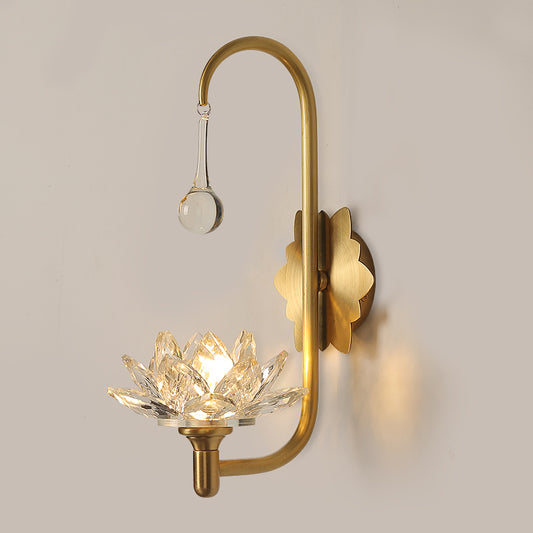 Lotus Living Room Wall Sconce Luxurious Clear Crystal 1 Head Brass Wall Lamp with Gooseneck Arm Clearhalo 'Modern wall lights' 'Modern' 'Wall Lamps & Sconces' 'Wall Lights' Lighting' 1899888