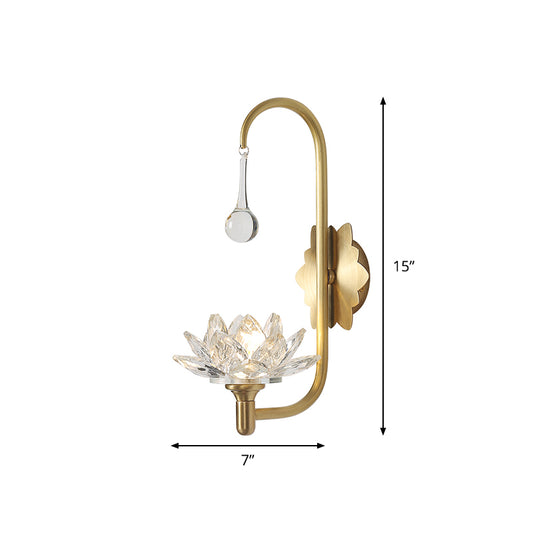 Lotus Living Room Wall Sconce Luxurious Clear Crystal 1 Head Brass Wall Lamp with Gooseneck Arm Clearhalo 'Modern wall lights' 'Modern' 'Wall Lamps & Sconces' 'Wall Lights' Lighting' 1899889