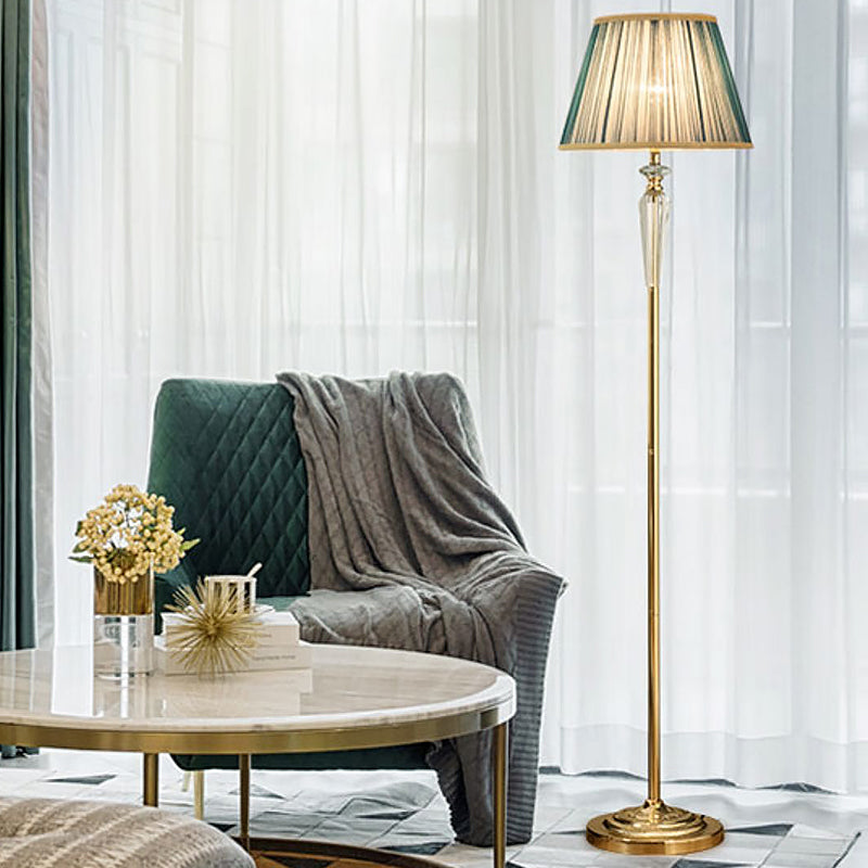 1-Head Barrel Floor Lighting Minimal Beige/Light Purple/Royal Blue Fabric Standing Lamp with Crystal Accent for Living Room Royal Blue Clearhalo 'Floor Lamps' 'Lamps' Lighting' 1899895