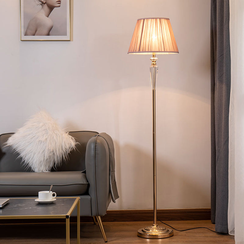 1-Head Barrel Floor Lighting Minimal Beige/Light Purple/Royal Blue Fabric Standing Lamp with Crystal Accent for Living Room Light Purple Clearhalo 'Floor Lamps' 'Lamps' Lighting' 1899898