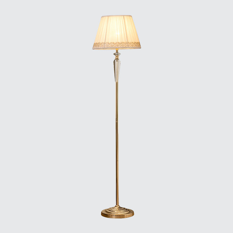 1-Head Barrel Floor Lighting Minimal Beige/Light Purple/Royal Blue Fabric Standing Lamp with Crystal Accent for Living Room Clearhalo 'Floor Lamps' 'Lamps' Lighting' 1899905