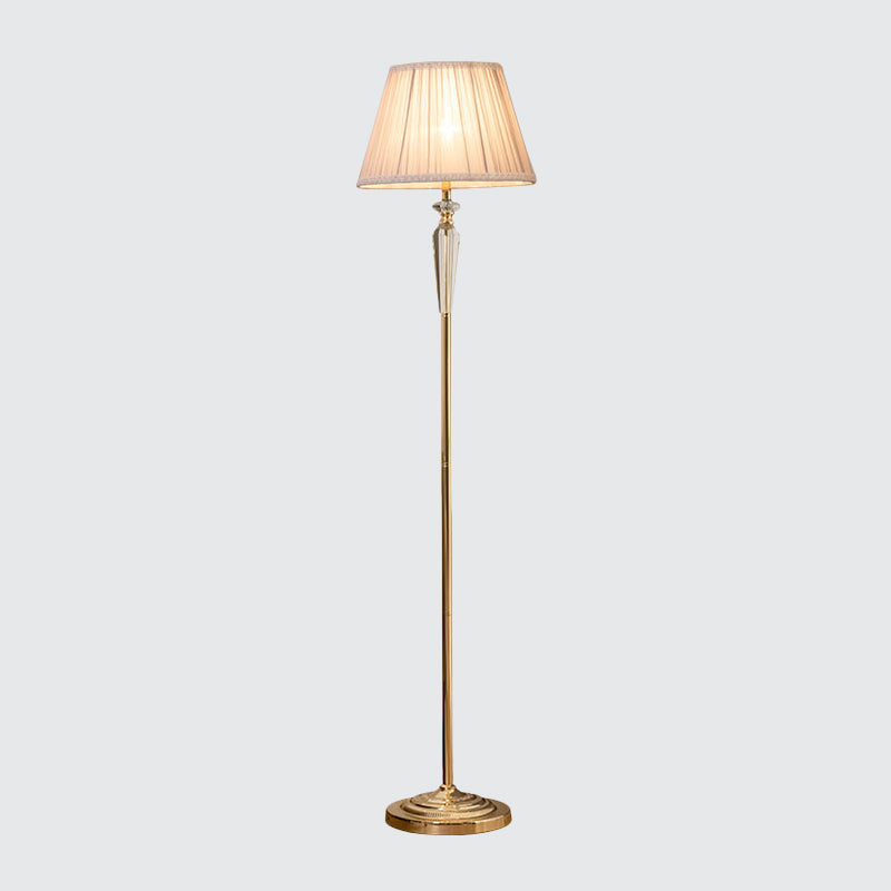 1-Head Barrel Floor Lighting Minimal Beige/Light Purple/Royal Blue Fabric Standing Lamp with Crystal Accent for Living Room Clearhalo 'Floor Lamps' 'Lamps' Lighting' 1899909