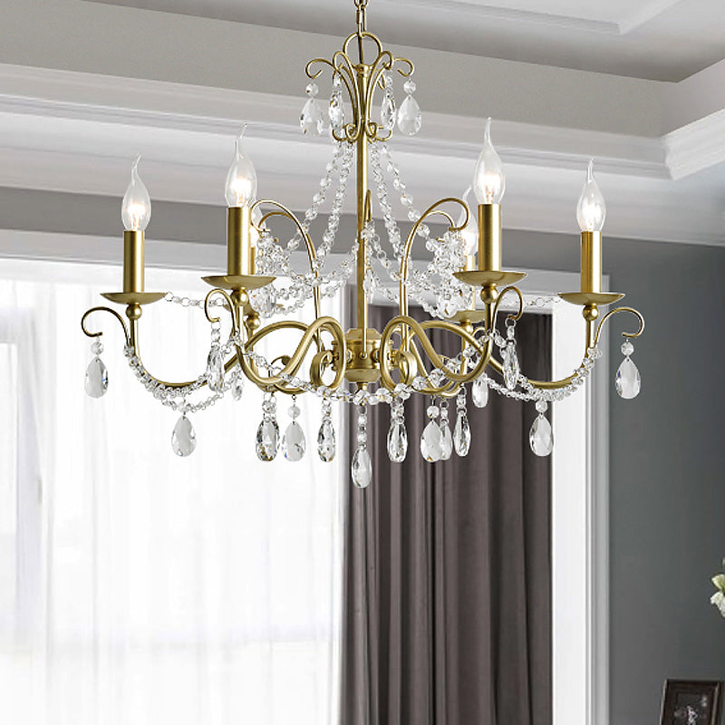 Traditional Candle Hanging Lamp 3/6 Heads Metal Chandelier in Champagne with Crystal Decor 6 Champagne Clearhalo 'Ceiling Lights' 'Chandeliers' 'Modern Chandeliers' 'Modern' Lighting' 1900027
