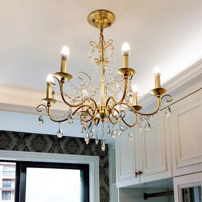 Traditional Candle Hanging Lamp 3/6 Heads Metal Chandelier in Champagne with Crystal Decor Clearhalo 'Ceiling Lights' 'Chandeliers' 'Modern Chandeliers' 'Modern' Lighting' 1900028