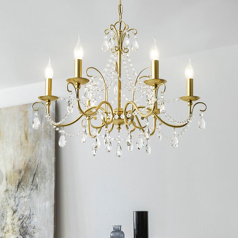Traditional Candle Hanging Lamp 3/6 Heads Metal Chandelier in Champagne with Crystal Decor Clearhalo 'Ceiling Lights' 'Chandeliers' 'Modern Chandeliers' 'Modern' Lighting' 1900029