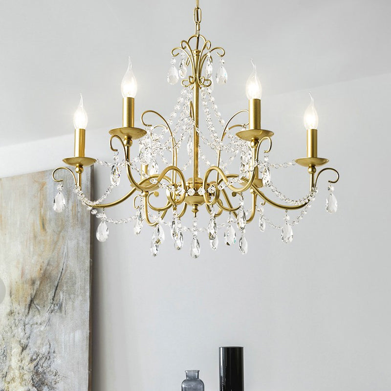 Traditional Candle Hanging Lamp 3/6 Heads Metal Chandelier in Champagne with Crystal Decor Clearhalo 'Ceiling Lights' 'Chandeliers' 'Modern Chandeliers' 'Modern' Lighting' 1900029