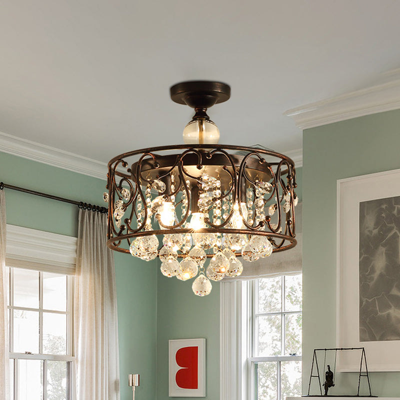 Iron Cylinder Ceiling Light Fixture Countryside 3-Head Bedroom Semi Flushmount Lamp in Rust with Clear Crystal Orb Clearhalo 'Ceiling Lights' 'Close To Ceiling Lights' 'Close to ceiling' 'Semi-flushmount' Lighting' 1900032