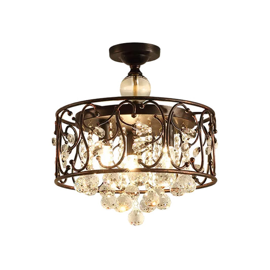 Iron Cylinder Ceiling Light Fixture Countryside 3-Head Bedroom Semi Flushmount Lamp in Rust with Clear Crystal Orb Clearhalo 'Ceiling Lights' 'Close To Ceiling Lights' 'Close to ceiling' 'Semi-flushmount' Lighting' 1900034