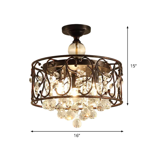 Iron Cylinder Ceiling Light Fixture Countryside 3-Head Bedroom Semi Flushmount Lamp in Rust with Clear Crystal Orb Clearhalo 'Ceiling Lights' 'Close To Ceiling Lights' 'Close to ceiling' 'Semi-flushmount' Lighting' 1900035