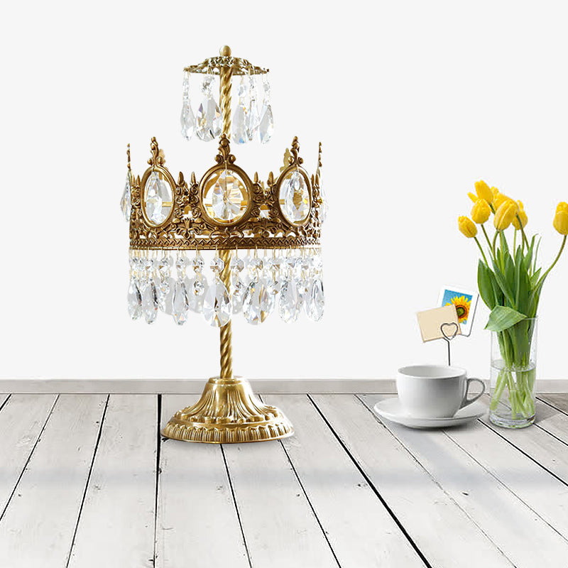 Crown Shape Bedroom Table Lighting Vintage Beveled Crystal 2-Head Brass Nightstand Lamp Clearhalo 'Lamps' 'Table Lamps' Lighting' 1900045