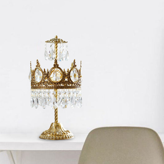 Crown Shape Bedroom Table Lighting Vintage Beveled Crystal 2-Head Brass Nightstand Lamp Brass Clearhalo 'Lamps' 'Table Lamps' Lighting' 1900046