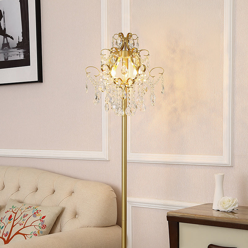 Gold Spiral Arm Floor Lighting Classic Metal 3 Heads Living Room Standing Lamp with Faceted Crystal Droplet Clearhalo 'Floor Lamps' 'Lamps' Lighting' 1900058