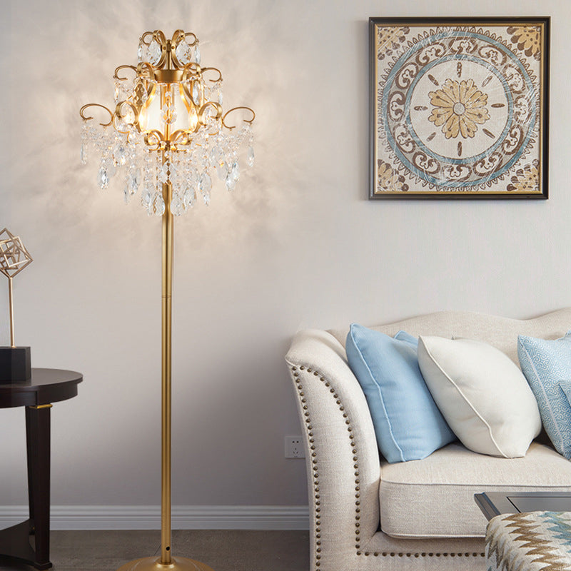 Gold Spiral Arm Floor Lighting Classic Metal 3 Heads Living Room Standing Lamp with Faceted Crystal Droplet Gold Clearhalo 'Floor Lamps' 'Lamps' Lighting' 1900059