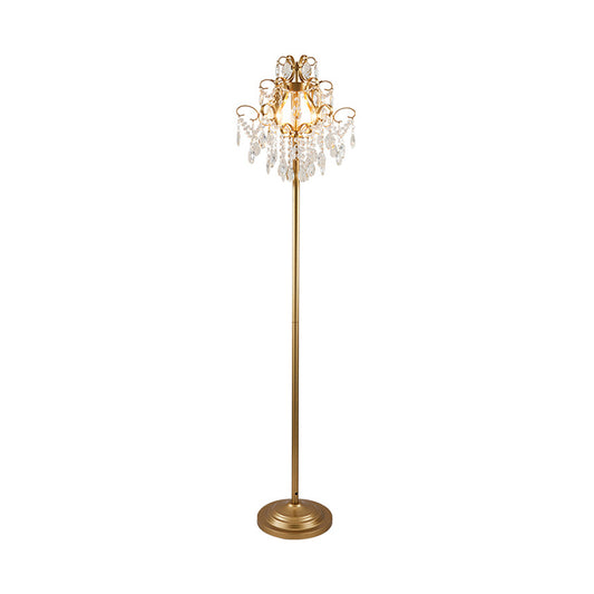 Gold Spiral Arm Floor Lighting Classic Metal 3 Heads Living Room Standing Lamp with Faceted Crystal Droplet Clearhalo 'Floor Lamps' 'Lamps' Lighting' 1900060