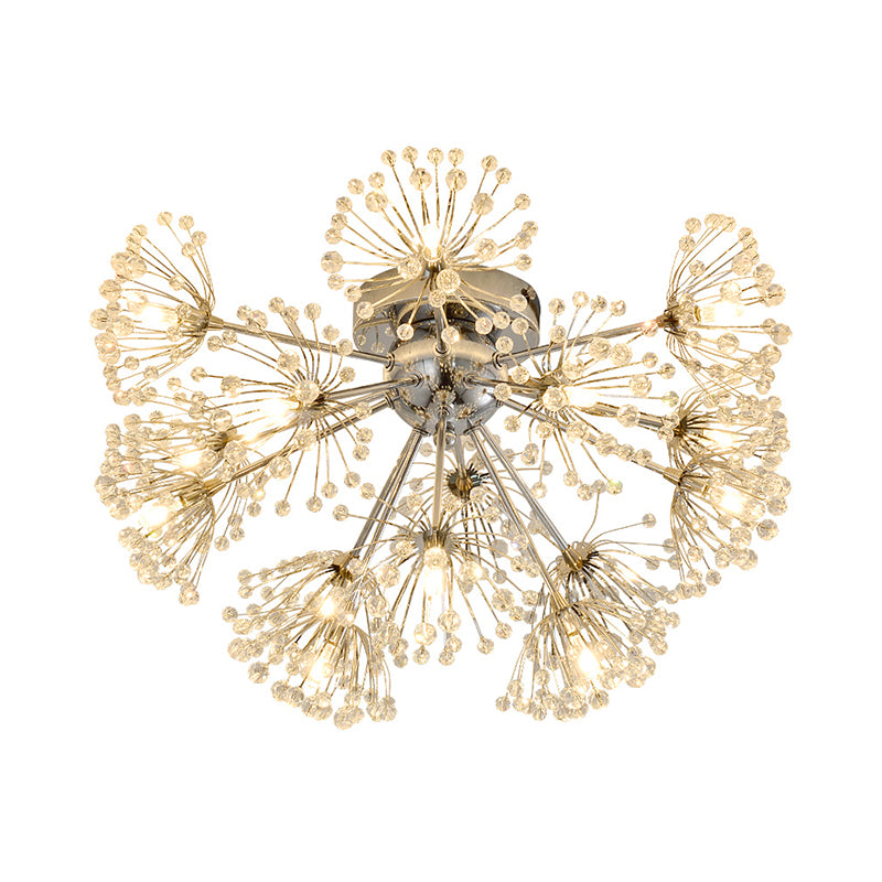 Firework Dinning Room Ceiling Mounted Light Simple Clear Crystal Bead 9/15-Bulb Chrome Flush Mount Lighting Clearhalo 'Ceiling Lights' 'Close To Ceiling Lights' 'Close to ceiling' 'Semi-flushmount' Lighting' 1900179