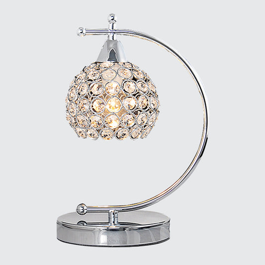 Nordic Domed Small Desk Lighting Single Bulb Crystal Embedded Table Lamp with Arched Arm in Silver Clearhalo 'Lamps' 'Table Lamps' Lighting' 1900185