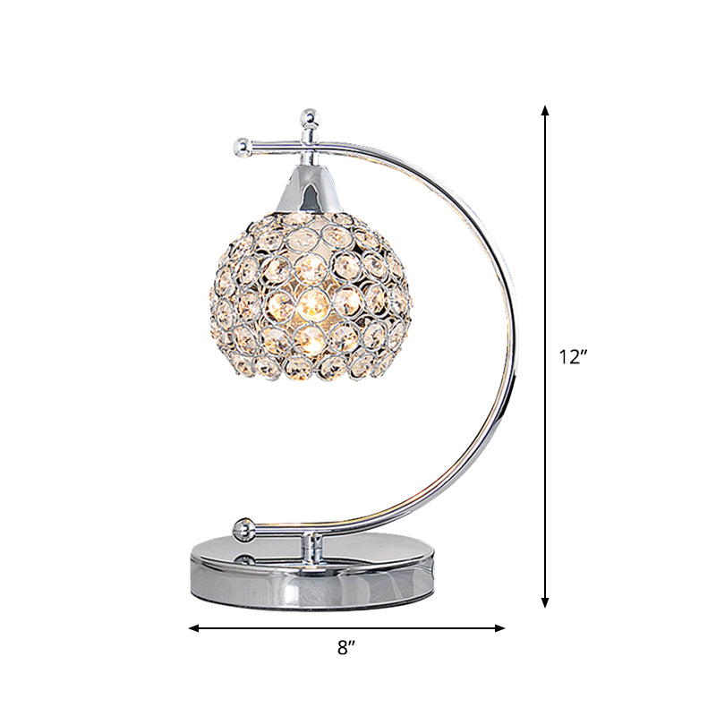 Nordic Domed Small Desk Lighting Single Bulb Crystal Embedded Table Lamp with Arched Arm in Silver Clearhalo 'Lamps' 'Table Lamps' Lighting' 1900186