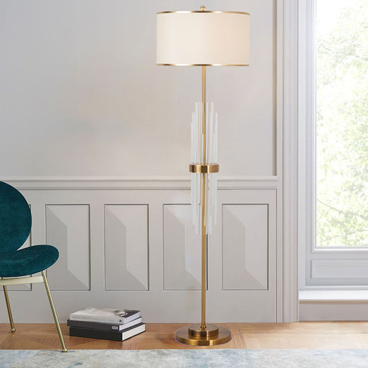 Single Linear Floor Light Minimalist Brass Crystal Rod Standing Lamp with Cylinder Fabric Shade Clearhalo 'Floor Lamps' 'Lamps' Lighting' 1900187