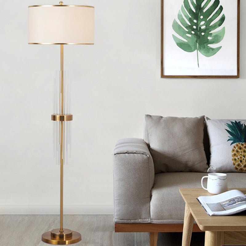 Single Linear Floor Light Minimalist Brass Crystal Rod Standing Lamp with Cylinder Fabric Shade Brass Clearhalo 'Floor Lamps' 'Lamps' Lighting' 1900188
