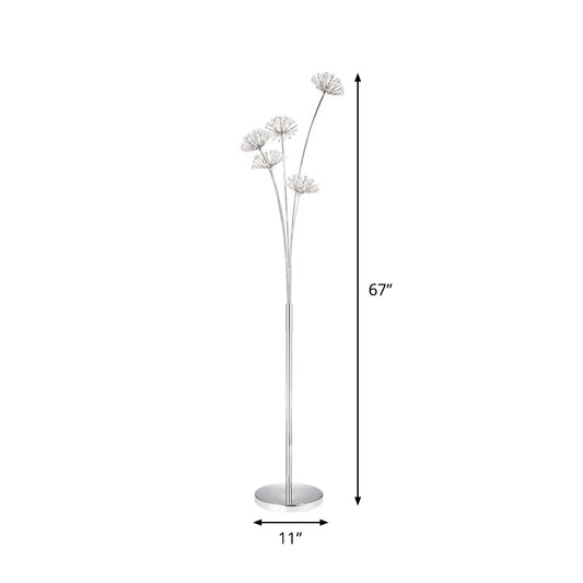 Nordic Dandelion Standing Lighting 3/5-Bulb Crystal Bead Floor Light in Silver for Living Room Clearhalo 'Floor Lamps' 'Lamps' Lighting' 1900286