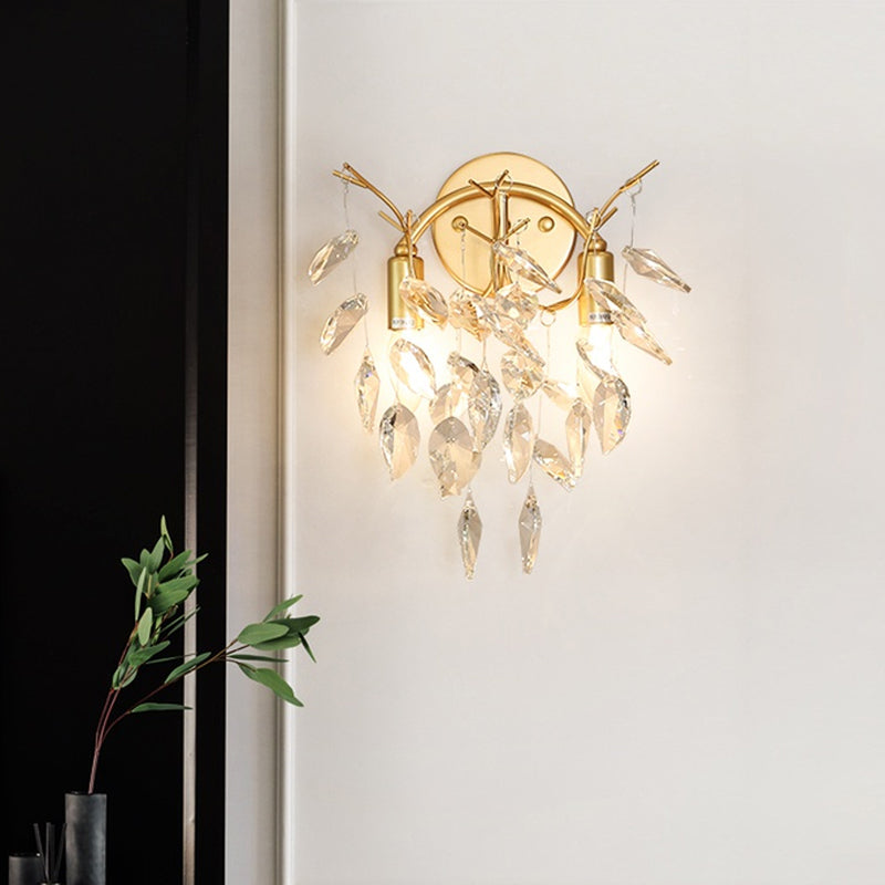 Faceted Crystal Leaf Wall Lamp Contemporary 2 Bulbs Living Room Wall Mounted Light in Gold Gold Clearhalo 'Modern wall lights' 'Modern' 'Wall Lamps & Sconces' 'Wall Lights' Lighting' 1900393