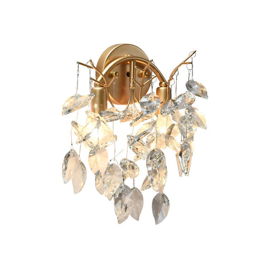 Faceted Crystal Leaf Wall Lamp Contemporary 2 Bulbs Living Room Wall Mounted Light in Gold Clearhalo 'Modern wall lights' 'Modern' 'Wall Lamps & Sconces' 'Wall Lights' Lighting' 1900395