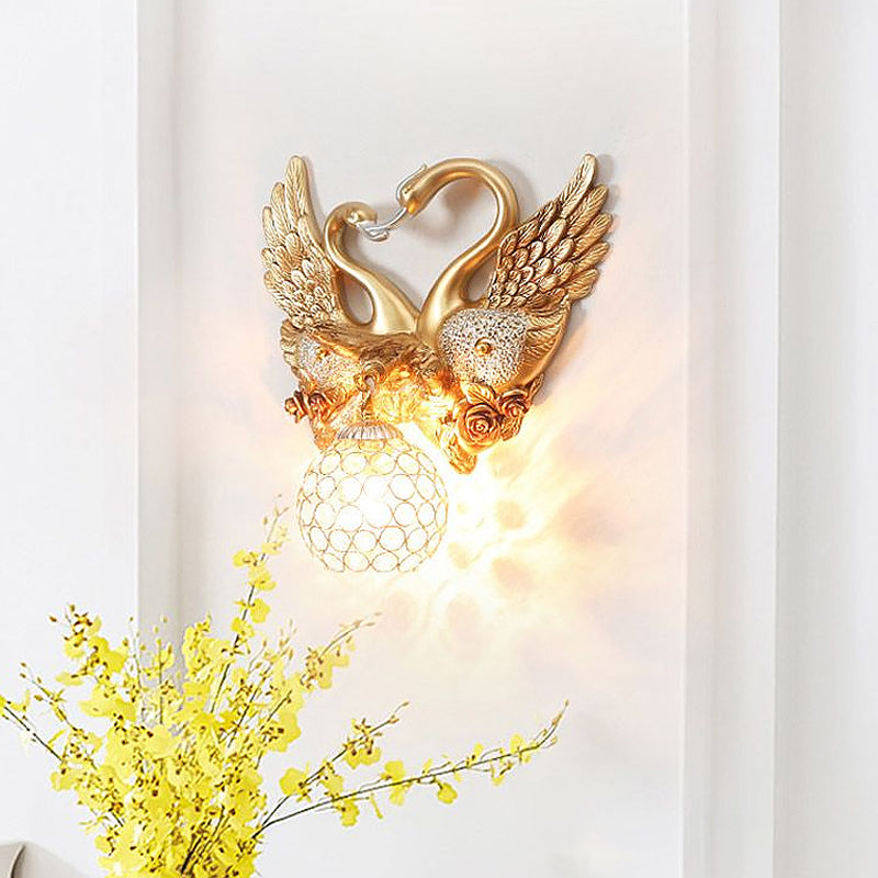 Swan Bedroom Wall Sconce Modern Metal 1 Light Gold Wall Lighting with Globe Crystal Shade Gold Clearhalo 'Modern wall lights' 'Modern' 'Wall Lamps & Sconces' 'Wall Lights' Lighting' 1900446