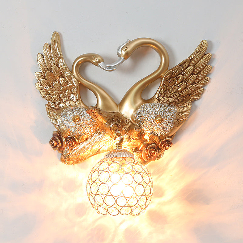 Swan Bedroom Wall Sconce Modern Metal 1 Light Gold Wall Lighting with Globe Crystal Shade Clearhalo 'Modern wall lights' 'Modern' 'Wall Lamps & Sconces' 'Wall Lights' Lighting' 1900448