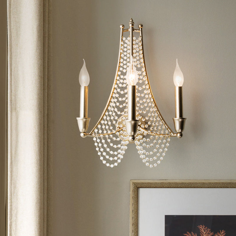 3-Bulb Crystal Bead Hanging Chandelier Vintage Champagne Candle Bedroom Pendant Light Fixture Champagne Clearhalo 'Ceiling Lights' 'Chandeliers' 'Modern Chandeliers' 'Modern' Lighting' 1900488