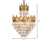 3 Lights Tiered Tapered Chandelier Traditional Clear Teardrop Crystal Hanging Lamp with Gold Crown Top Clearhalo 'Ceiling Lights' 'Chandeliers' 'Modern Chandeliers' 'Modern' Lighting' 1900522