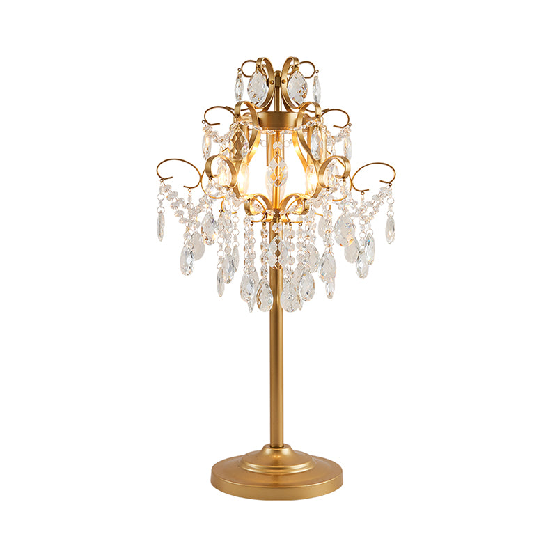 Spiral Arm Bedroom Desk Lighting Classic Metal 3-Head Gold Night Stand Lamp with Beveled Crystal Drop Clearhalo 'Lamps' 'Table Lamps' Lighting' 1900525