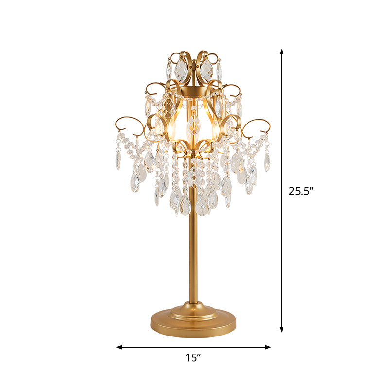 Spiral Arm Bedroom Desk Lighting Classic Metal 3-Head Gold Night Stand Lamp with Beveled Crystal Drop Clearhalo 'Lamps' 'Table Lamps' Lighting' 1900526