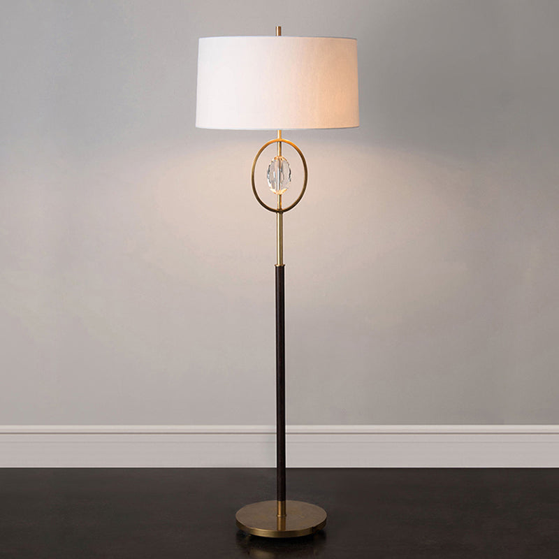 Single Standing Lamp with Ring Frame Shade Metal Classic Hotel Floor Light with Barrel Fabric Shade and Crystal Accent Brass Clearhalo 'Floor Lamps' 'Lamps' Lighting' 1900569
