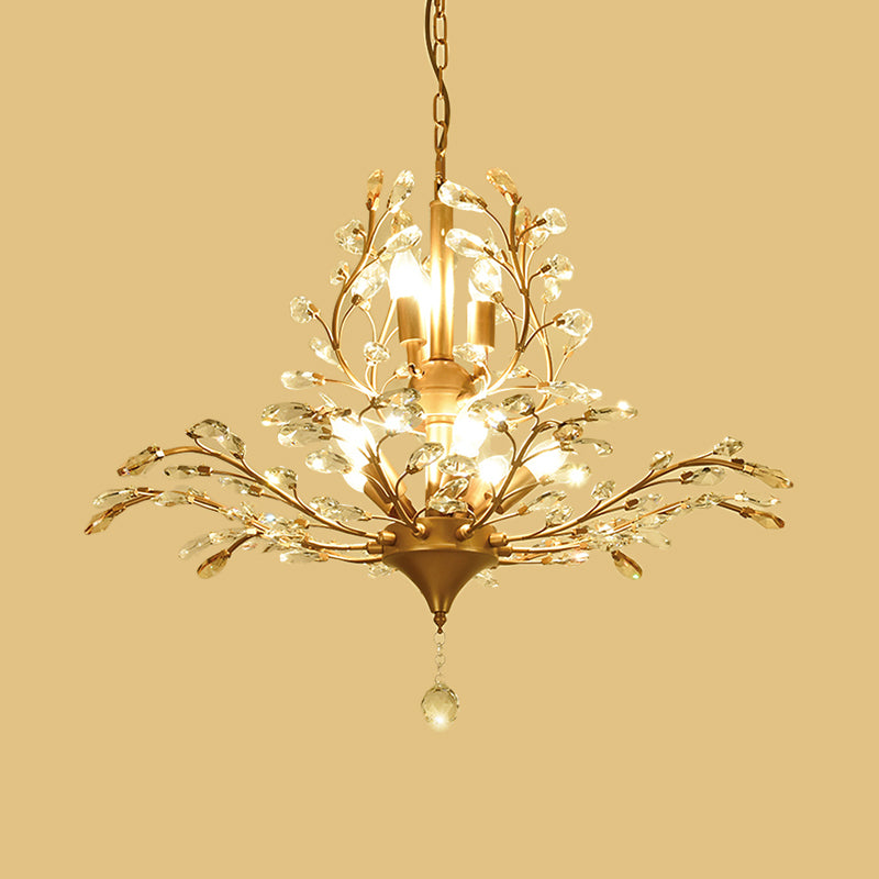 Gold Tree Suspension Pendant Light Rural Crystal 8-Bulb 19.5"/21.5" High Dining Table Ceiling Chandelier Clearhalo 'Ceiling Lights' 'Chandeliers' 'Modern Chandeliers' 'Modern' Lighting' 1900603