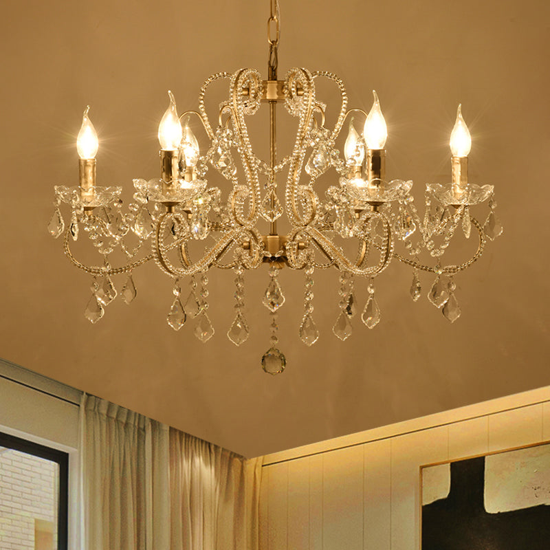 Crystal Coated Scrolled Arm Chandelier Victorian Style 6 Bulbs Dining Room Ceiling Suspension Lamp in Champagne Clearhalo 'Ceiling Lights' 'Chandeliers' 'Modern Chandeliers' 'Modern' Lighting' 1900633