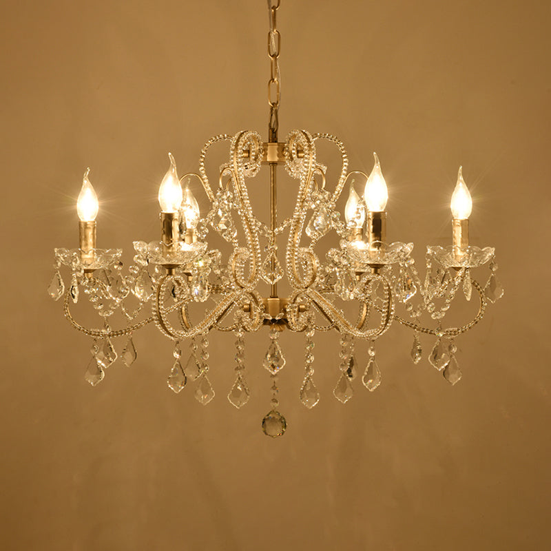 Crystal Coated Scrolled Arm Chandelier Victorian Style 6 Bulbs Dining Room Ceiling Suspension Lamp in Champagne Clearhalo 'Ceiling Lights' 'Chandeliers' 'Modern Chandeliers' 'Modern' Lighting' 1900635