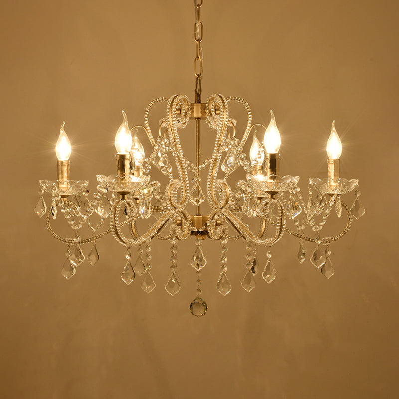 Crystal Coated Scrolled Arm Chandelier Victorian Style 6 Bulbs Dining Room Ceiling Suspension Lamp in Champagne Clearhalo 'Ceiling Lights' 'Chandeliers' 'Modern Chandeliers' 'Modern' Lighting' 1900635