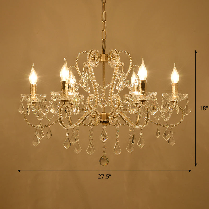 Crystal Coated Scrolled Arm Chandelier Victorian Style 6 Bulbs Dining Room Ceiling Suspension Lamp in Champagne Clearhalo 'Ceiling Lights' 'Chandeliers' 'Modern Chandeliers' 'Modern' Lighting' 1900636