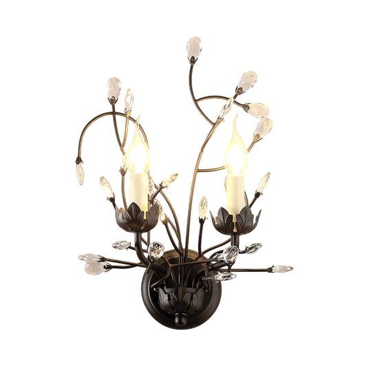 2-Bulb Candlestick Wall Light Fixture Minimalism Black Crystal Sconce Lamp with Branching Design Clearhalo 'Modern wall lights' 'Modern' 'Wall Lamps & Sconces' 'Wall Lights' Lighting' 1900674
