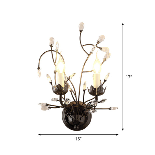 2-Bulb Candlestick Wall Light Fixture Minimalism Black Crystal Sconce Lamp with Branching Design Clearhalo 'Modern wall lights' 'Modern' 'Wall Lamps & Sconces' 'Wall Lights' Lighting' 1900676