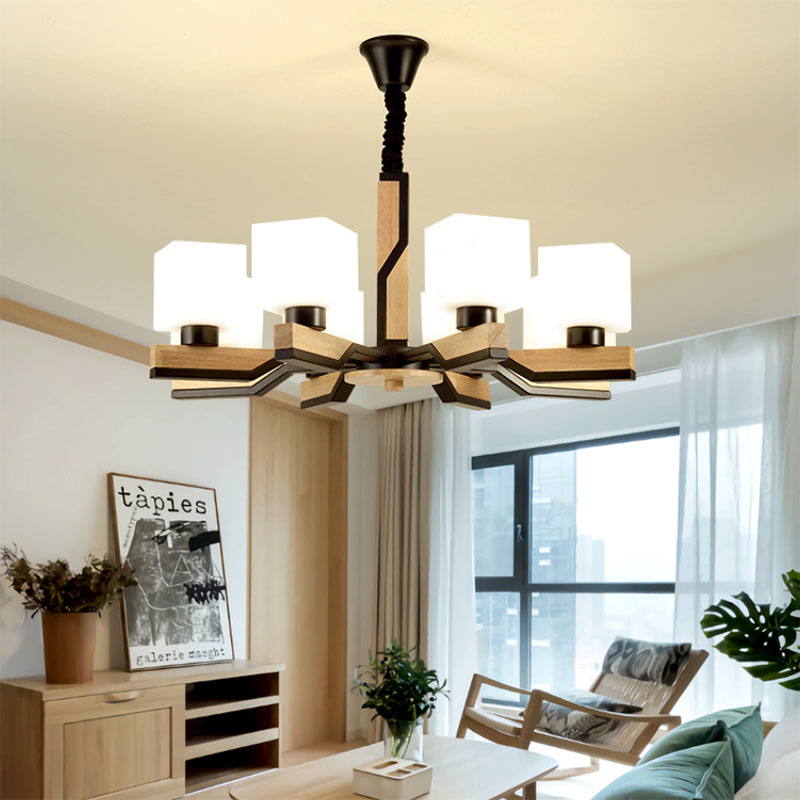 Nordic Style Cube Shade Hanging Lamp 3/5 Heads Wooden Ceiling Chandelier for Living Room 5 Black Clearhalo 'Carpenter Chandeliers' 'Ceiling Lights' 'Chandeliers' 'Industrial' 'Modern Chandeliers' 'Modern' Lighting' 190218