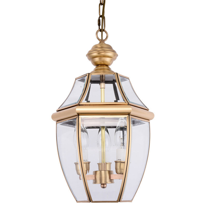 3 Bulbs Lantern Pendant Light Colonial Gold Clear Glass Chandelier Lamp for Hallway Gold Clearhalo 'Ceiling Lights' 'Chandeliers' 'Glass shade' 'Glass' Lighting' 1902935