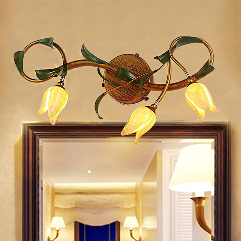 Yellow Flower Vanity Sconce Rustic Glass 3/5 Lights Bathroom Wall Light Fixture with Gold Swirled Arm 3.0 Yellow Clearhalo 'Vanity Lights' 'Wall Lights' Lighting' 1903002