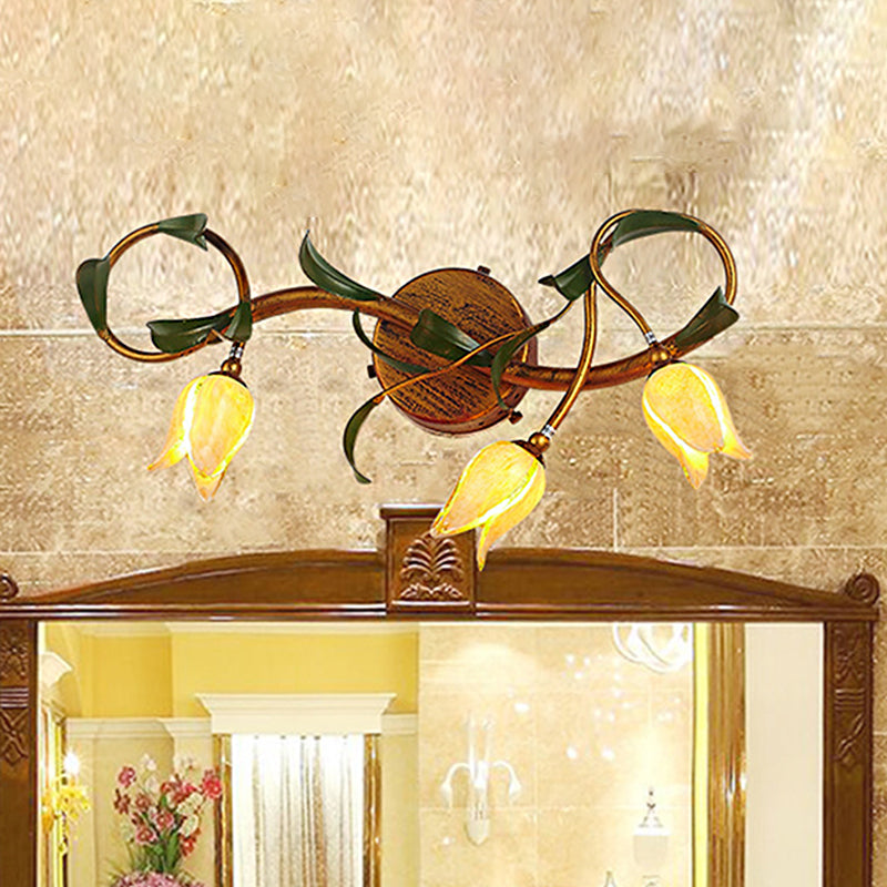 Yellow Flower Vanity Sconce Rustic Glass 3/5 Lights Bathroom Wall Light Fixture with Gold Swirled Arm Clearhalo 'Vanity Lights' 'Wall Lights' Lighting' 1903003