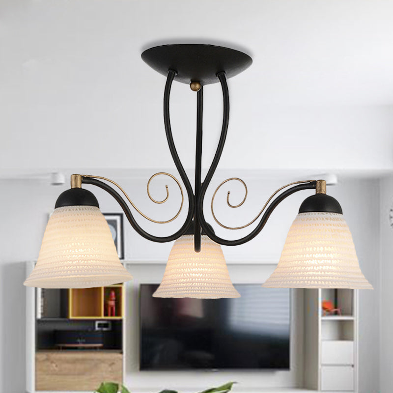 Bell Living Room Semi Mount Lighting Traditional White Glass 3 Lights Black Ceiling Light Clearhalo 'Ceiling Lights' 'Close To Ceiling Lights' 'Close to ceiling' 'Glass shade' 'Glass' 'Semi-flushmount' Lighting' 1903011