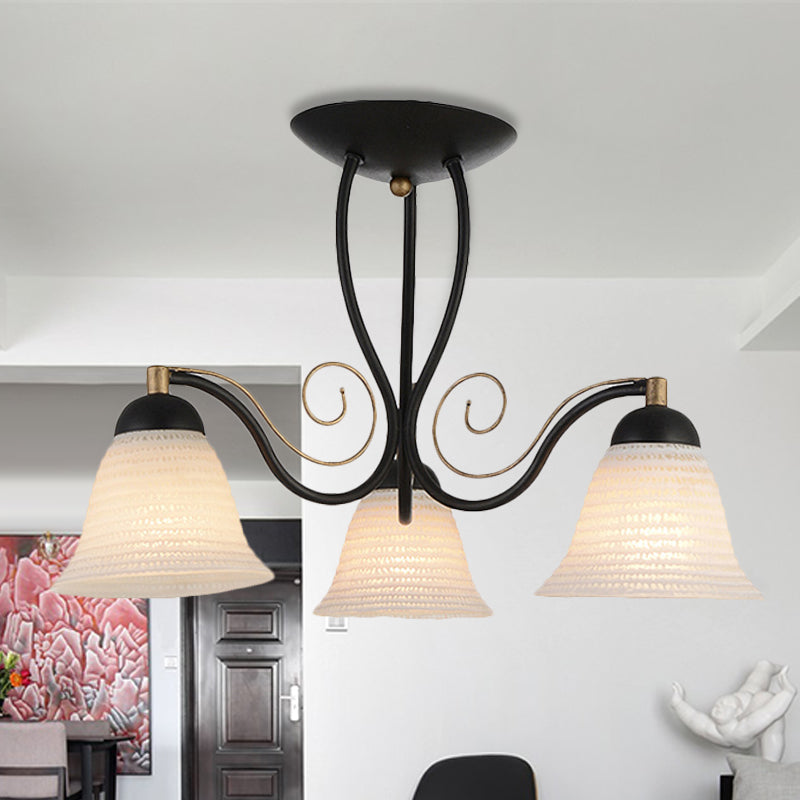 Bell Living Room Semi Mount Lighting Traditional White Glass 3 Lights Black Ceiling Light Clearhalo 'Ceiling Lights' 'Close To Ceiling Lights' 'Close to ceiling' 'Glass shade' 'Glass' 'Semi-flushmount' Lighting' 1903012